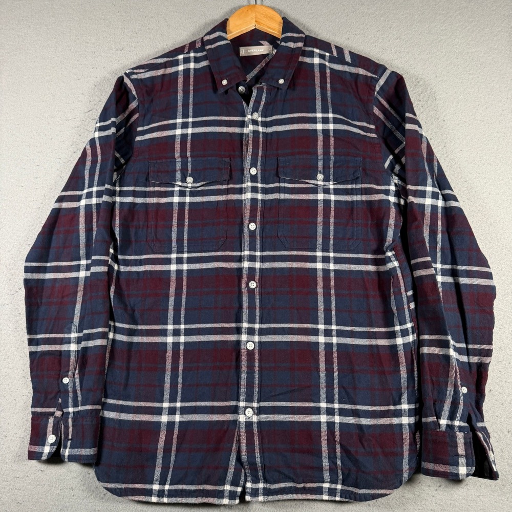Everlane Navy Burgundy Plaid Flannel Button Down Shirt Womens Medium Long Sleeve